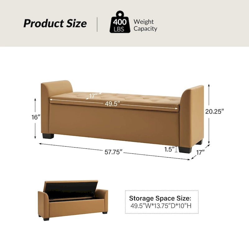 Banc de rangement capitonné ivoire avec accoudoirs évasés en PU, style de transition
