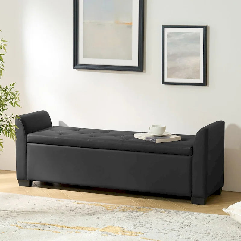 Banc de rangement capitonné ivoire avec accoudoirs évasés en PU, style de transition