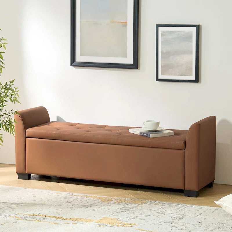 Banc de rangement capitonné ivoire avec accoudoirs évasés en PU, style de transition