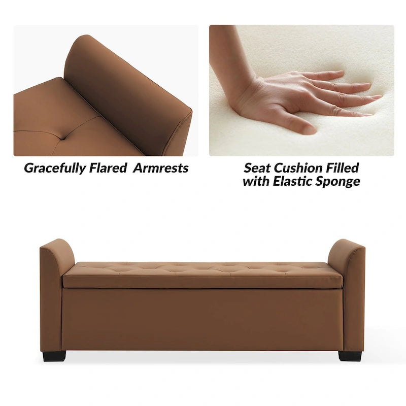 Banc de rangement capitonné ivoire avec accoudoirs évasés en PU, style de transition