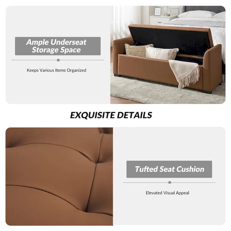 Banc de rangement capitonné ivoire avec accoudoirs évasés en PU, style de transition