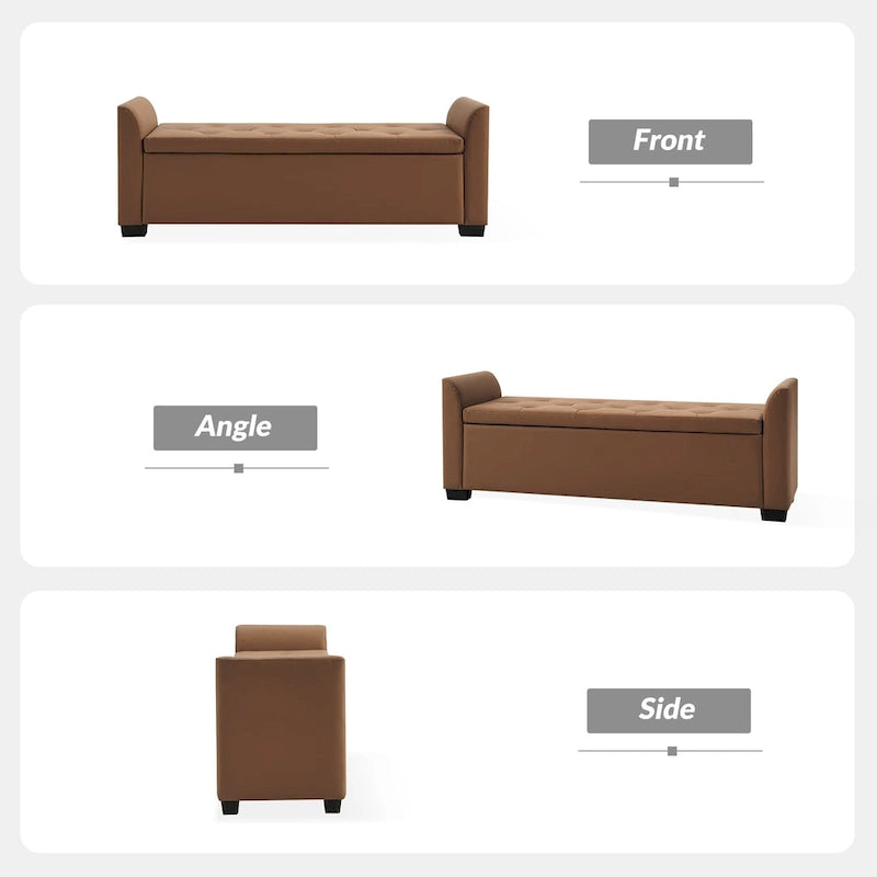 Banc de rangement capitonné ivoire avec accoudoirs évasés en PU, style de transition