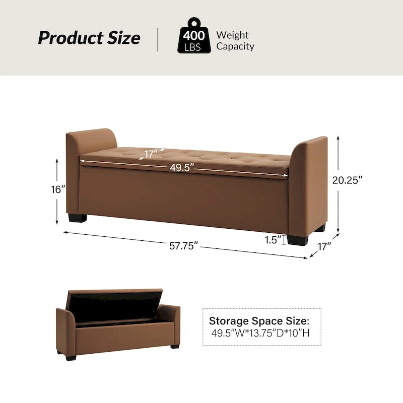 Banc de rangement capitonné ivoire avec accoudoirs évasés en PU, style de transition