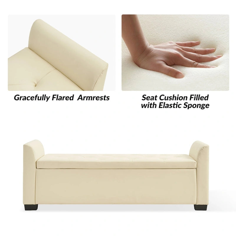 Banc de rangement capitonné ivoire avec accoudoirs évasés en PU, style de transition