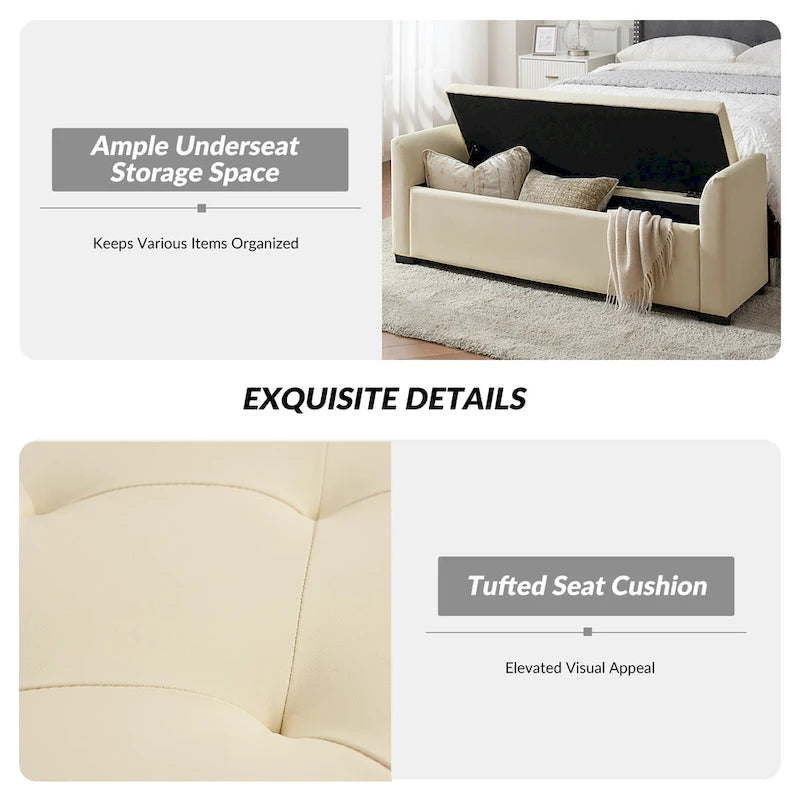 Banc de rangement capitonné ivoire avec accoudoirs évasés en PU, style de transition