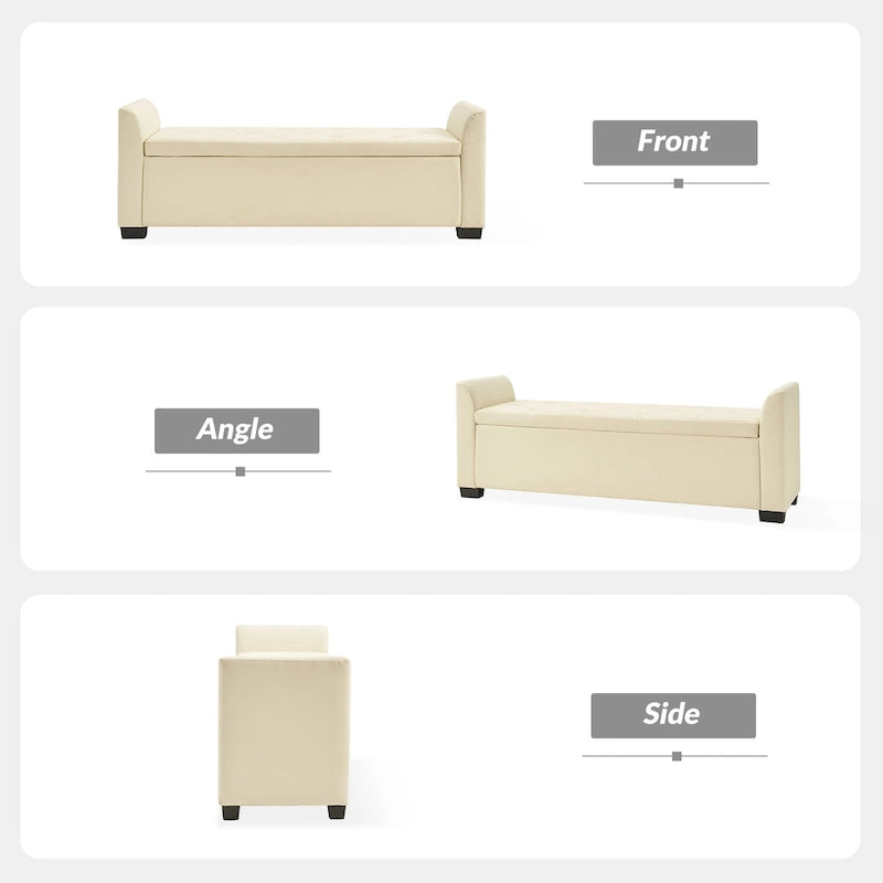 Banc de rangement capitonné ivoire avec accoudoirs évasés en PU, style de transition