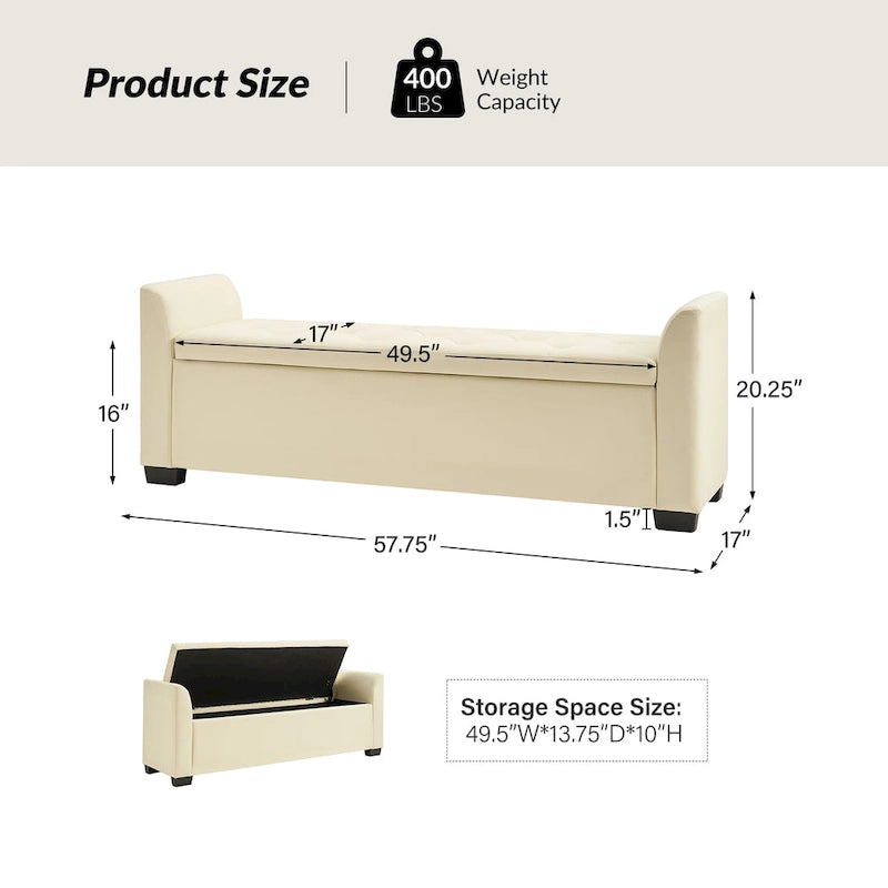 Banc de rangement capitonné ivoire avec accoudoirs évasés en PU, style de transition
