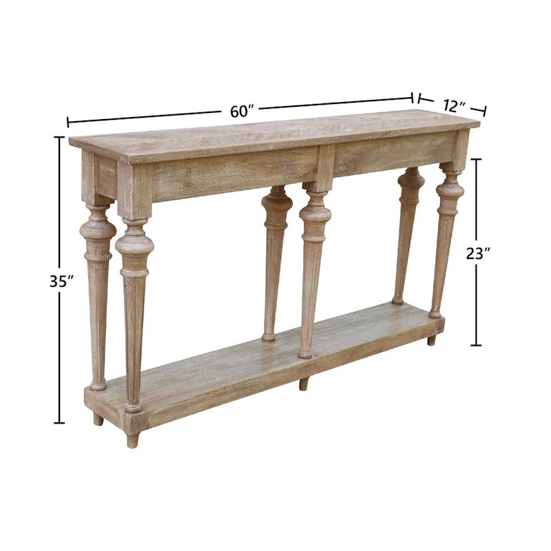 Console en bois de manguier massif avec étagère, finition blanchie, pieds tournés