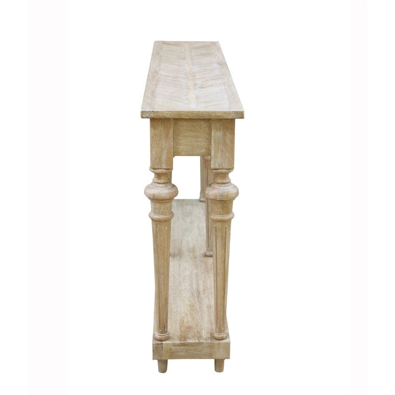Console en bois de manguier massif avec étagère, finition blanchie, pieds tournés