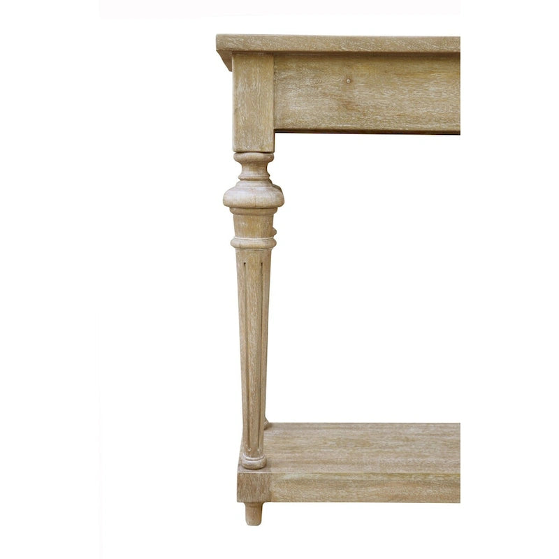 Console en bois de manguier massif avec étagère, finition blanchie, pieds tournés
