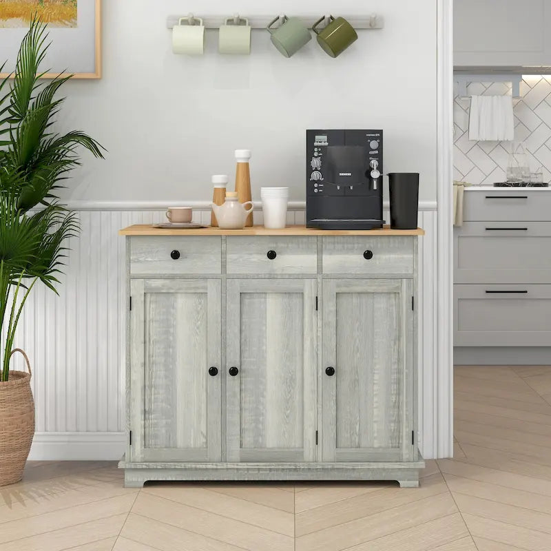 Buffet gris clair vieilli avec plateau en bois massif, 3 tiroirs, étagères réglables