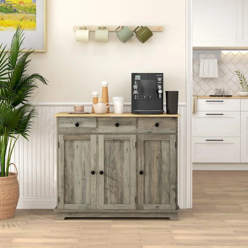 Buffet gris clair vieilli avec plateau en bois massif, 3 tiroirs, étagères réglables