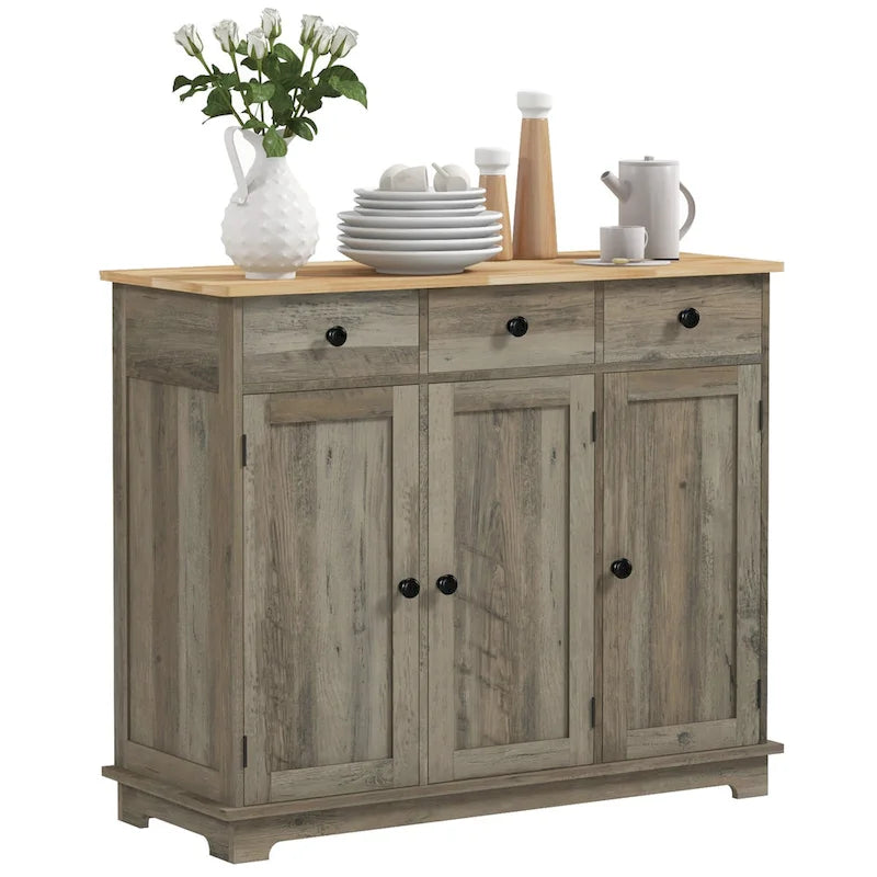 Buffet gris clair vieilli avec plateau en bois massif, 3 tiroirs, étagères réglables