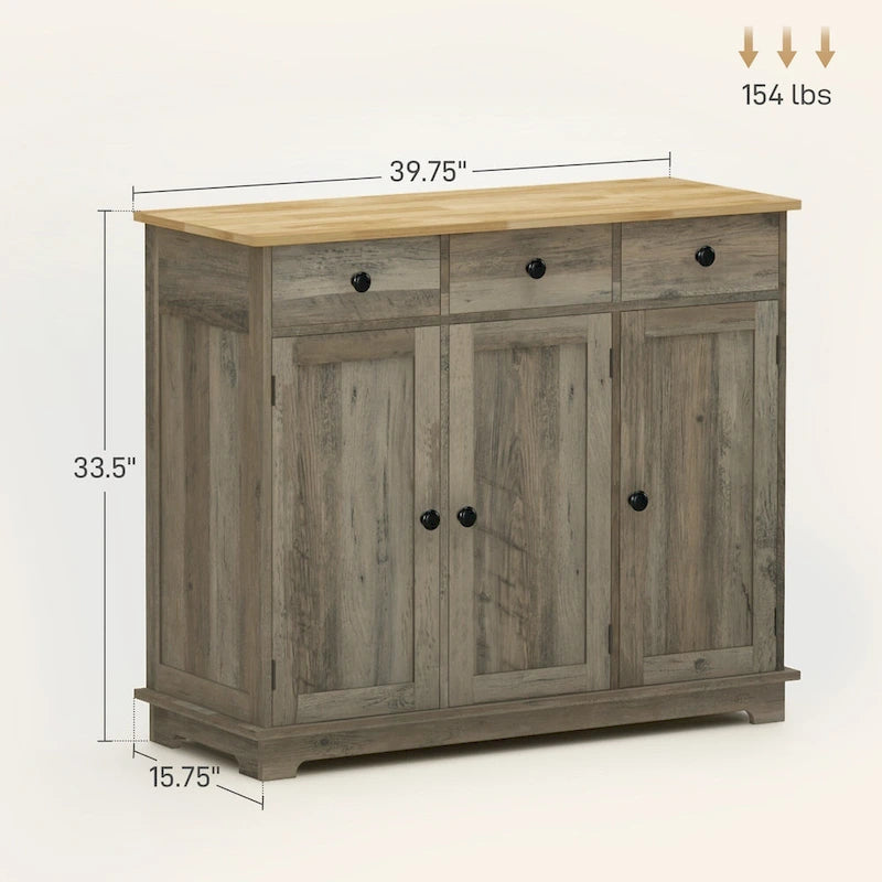 Buffet gris clair vieilli avec plateau en bois massif, 3 tiroirs, étagères réglables