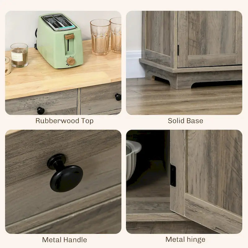 Buffet gris clair vieilli avec plateau en bois massif, 3 tiroirs, étagères réglables