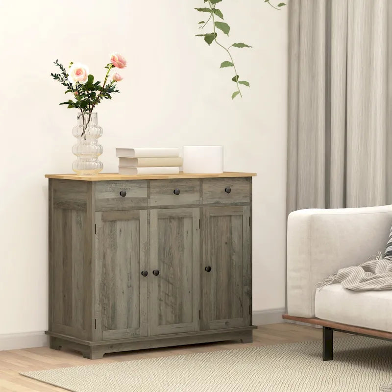 Buffet gris clair vieilli avec plateau en bois massif, 3 tiroirs, étagères réglables