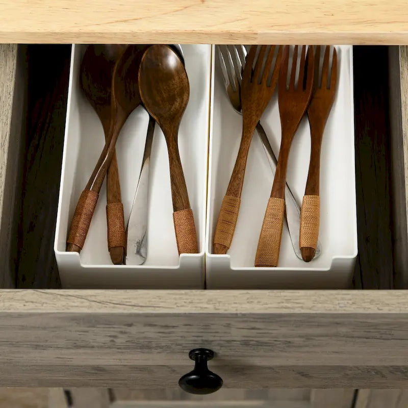 Buffet gris clair vieilli avec plateau en bois massif, 3 tiroirs, étagères réglables