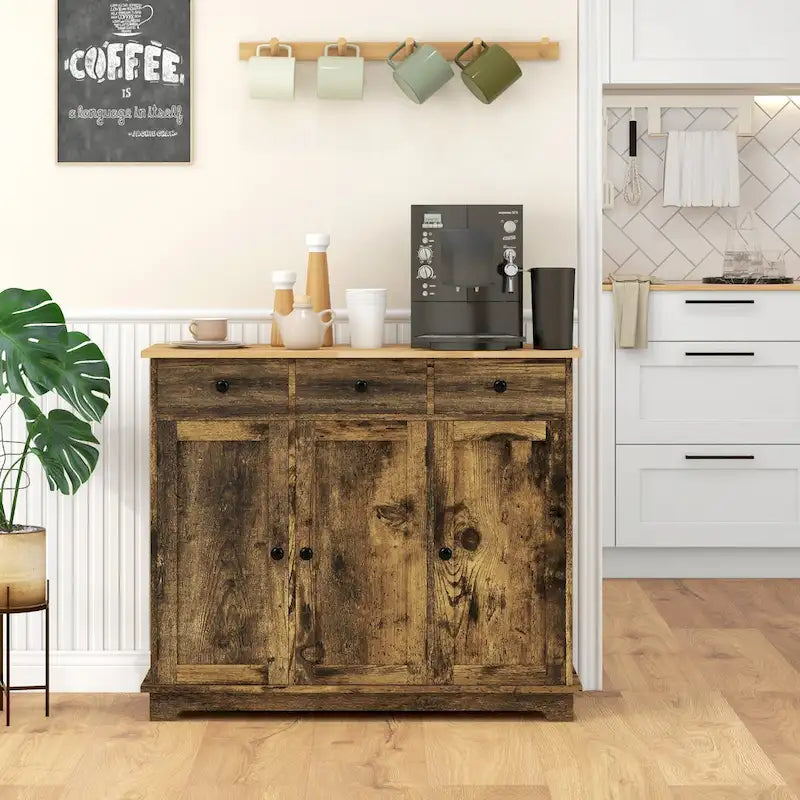 Buffet gris clair vieilli avec plateau en bois massif, 3 tiroirs, étagères réglables