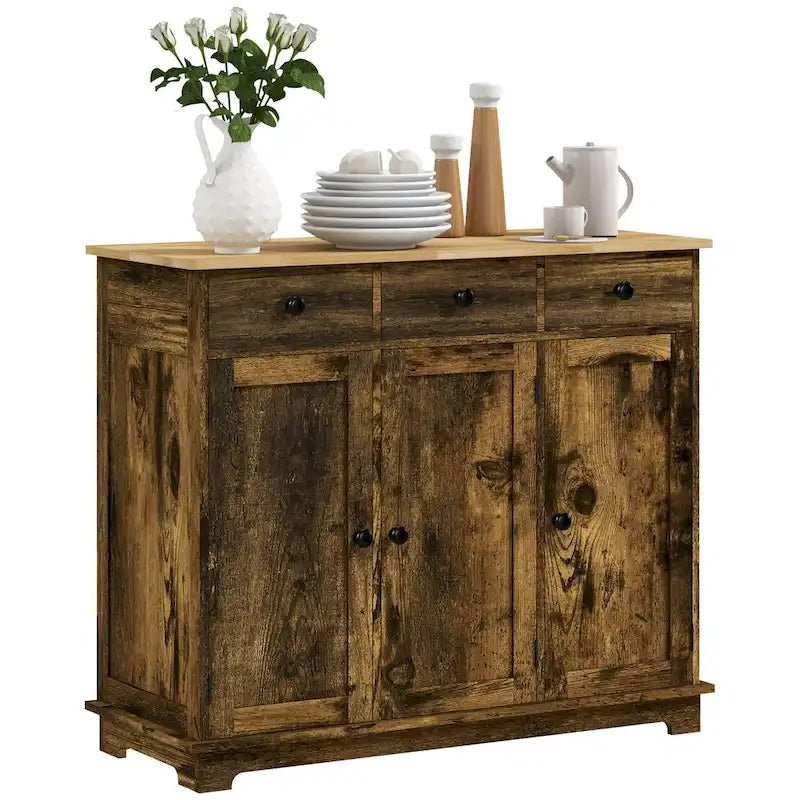 Buffet gris clair vieilli avec plateau en bois massif, 3 tiroirs, étagères réglables