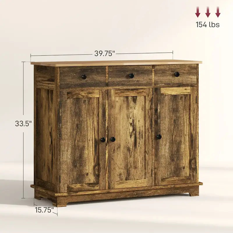 Buffet gris clair vieilli avec plateau en bois massif, 3 tiroirs, étagères réglables