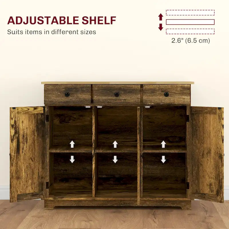 Buffet gris clair vieilli avec plateau en bois massif, 3 tiroirs, étagères réglables