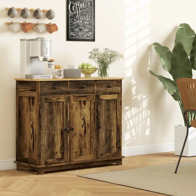 Buffet gris clair vieilli avec plateau en bois massif, 3 tiroirs, étagères réglables
