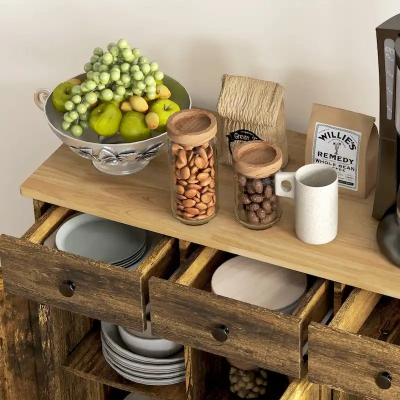 Buffet gris clair vieilli avec plateau en bois massif, 3 tiroirs, étagères réglables