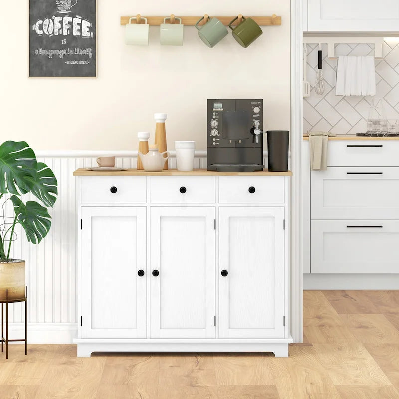 Buffet gris clair vieilli avec plateau en bois massif, 3 tiroirs, étagères réglables