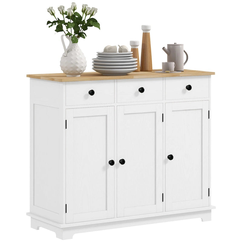Buffet gris clair vieilli avec plateau en bois massif, 3 tiroirs, étagères réglables