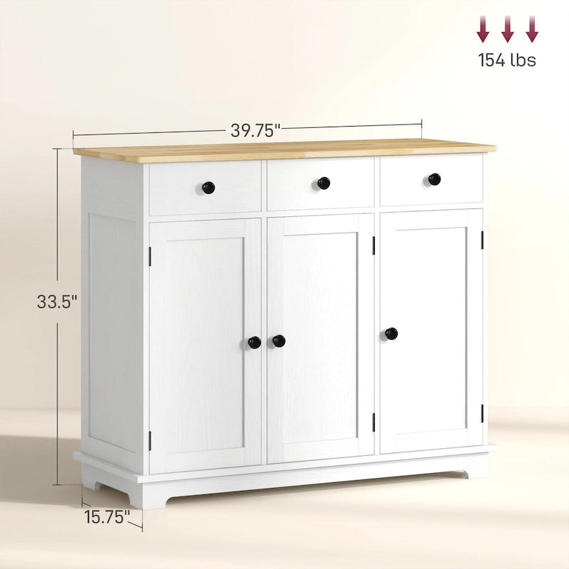 Buffet gris clair vieilli avec plateau en bois massif, 3 tiroirs, étagères réglables