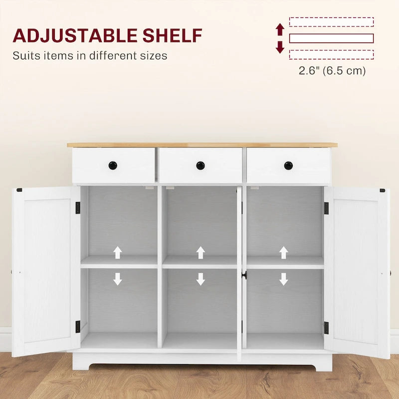 Buffet gris clair vieilli avec plateau en bois massif, 3 tiroirs, étagères réglables