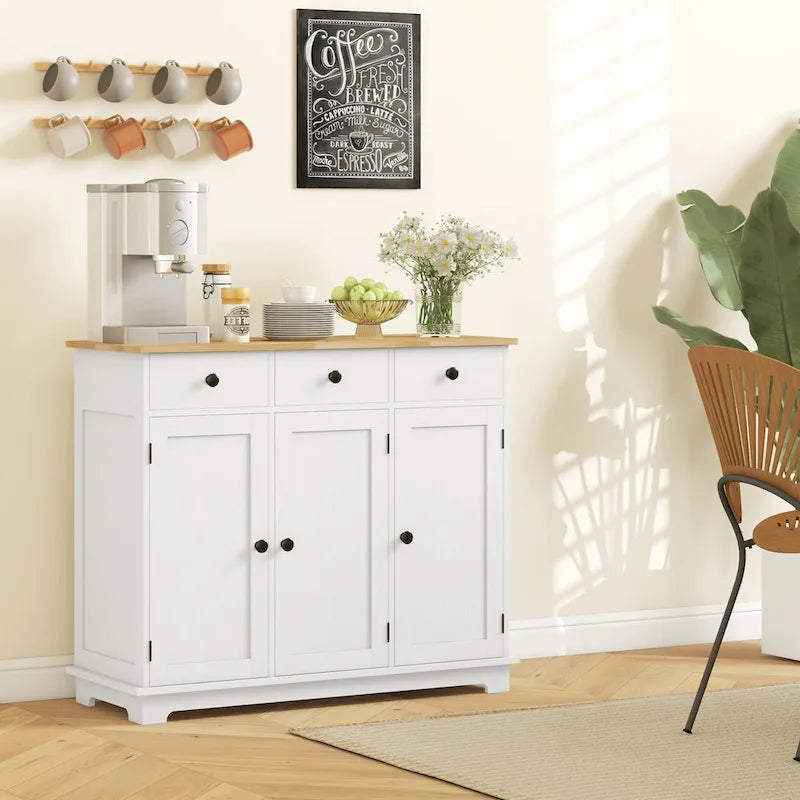 Buffet gris clair vieilli avec plateau en bois massif, 3 tiroirs, étagères réglables