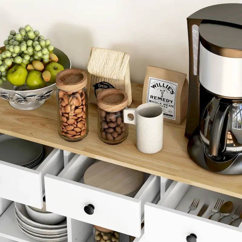 Buffet gris clair vieilli avec plateau en bois massif, 3 tiroirs, étagères réglables