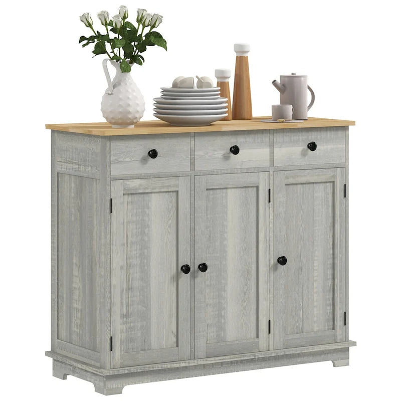 Buffet gris clair vieilli avec plateau en bois massif, 3 tiroirs, étagères réglables
