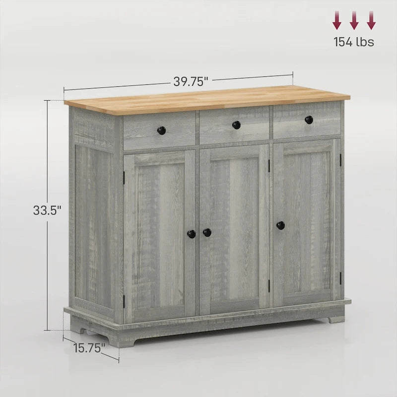 Buffet gris clair vieilli avec plateau en bois massif, 3 tiroirs, étagères réglables