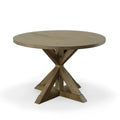 Table de salle à manger avec piètement tréteau rond en bois, finition noyer miel vintage
