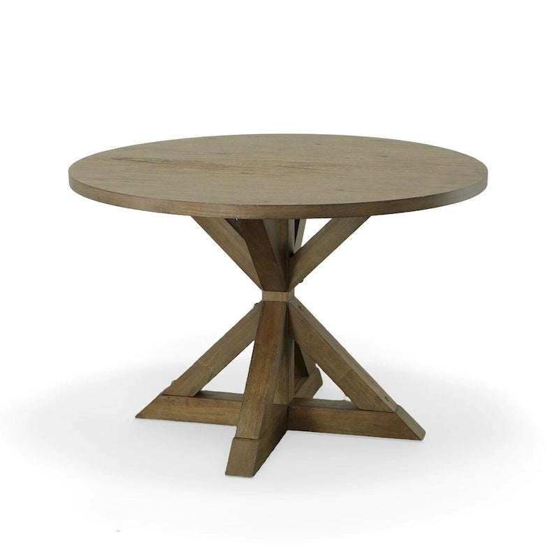 Table de salle à manger avec piètement tréteau rond en bois, finition noyer miel vintage