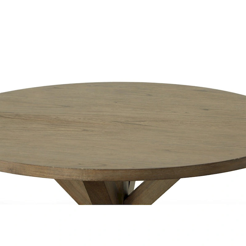 Table de salle à manger avec piètement tréteau rond en bois, finition noyer miel vintage