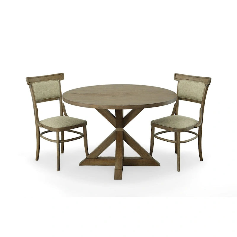 Table de salle à manger avec piètement tréteau rond en bois, finition noyer miel vintage