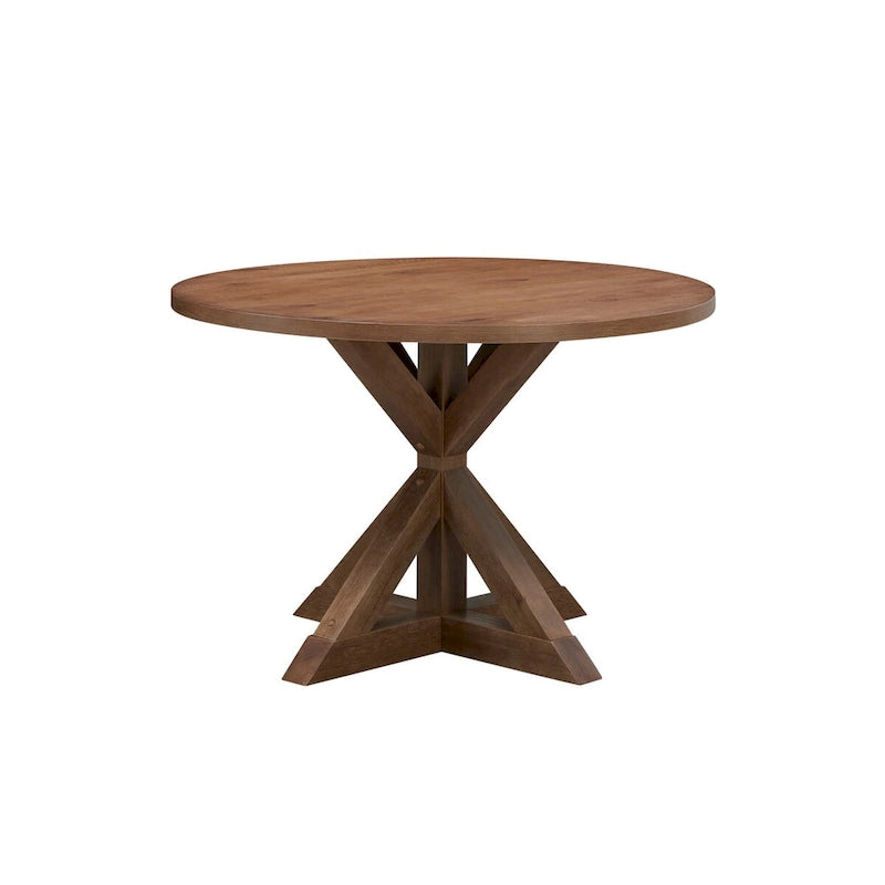 Table de salle à manger avec piètement tréteau rond en bois, finition noyer miel vintage