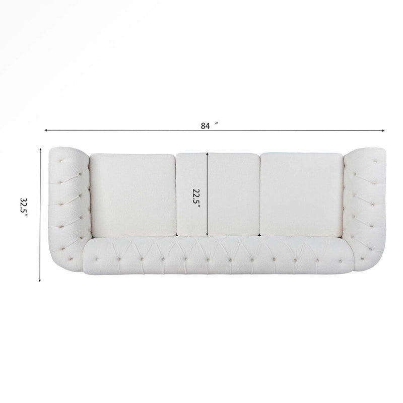 Canapé capitonné Chesterfield blanc à accoudoirs roulés, avec garniture cloutée argentée