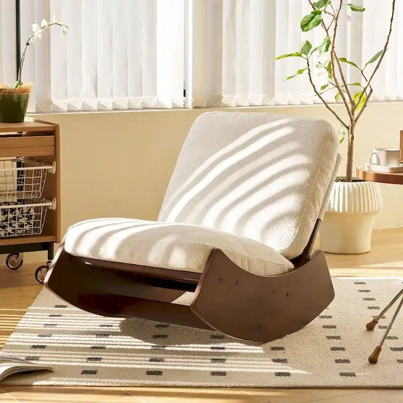 Fauteuil à bascule planeur en velours côtelé rayé rétro avec cadre en bois massif blanc