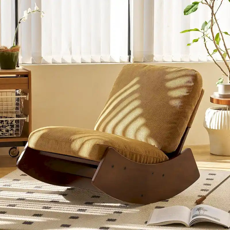 Fauteuil à bascule planeur en velours côtelé rayé rétro avec cadre en bois massif blanc