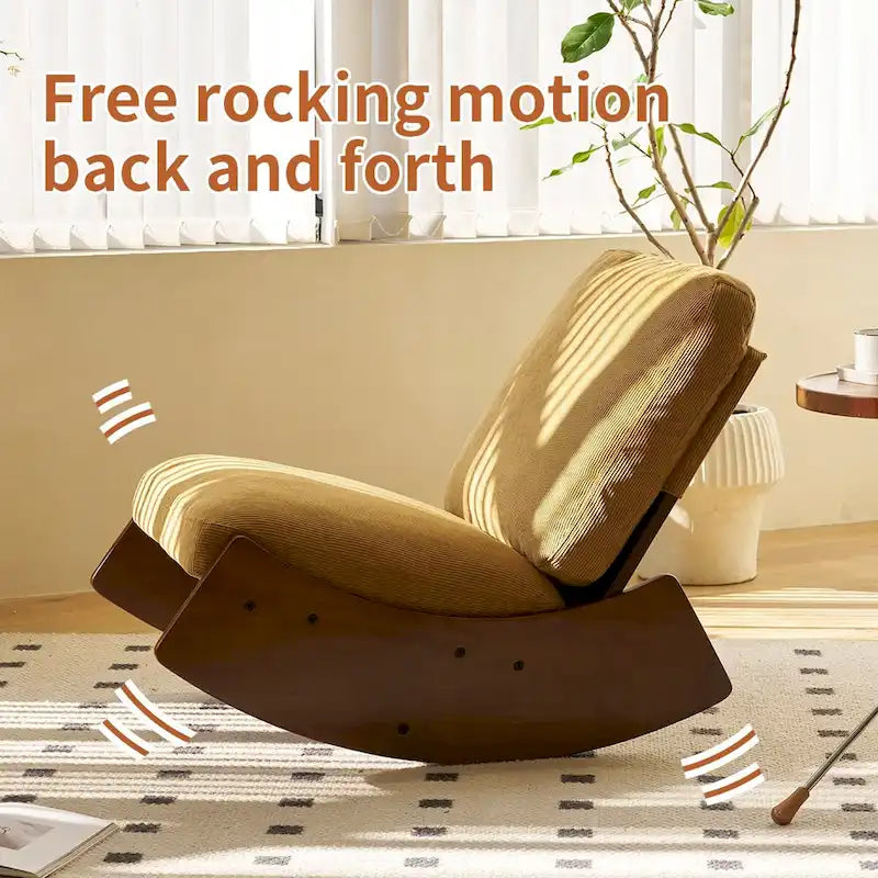 Fauteuil à bascule planeur en velours côtelé rayé rétro avec cadre en bois massif blanc