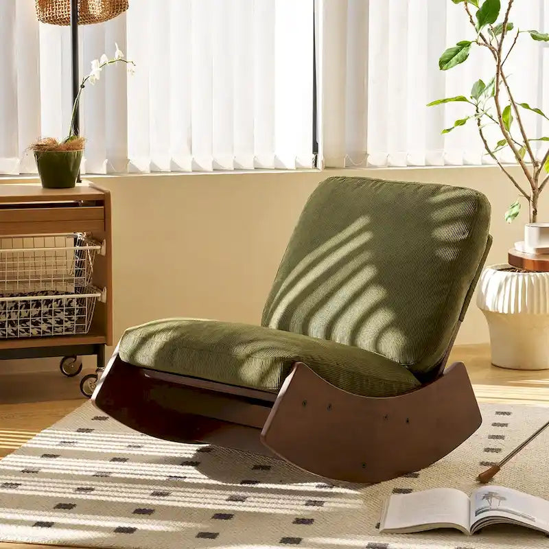 Fauteuil à bascule planeur en velours côtelé rayé rétro avec cadre en bois massif blanc