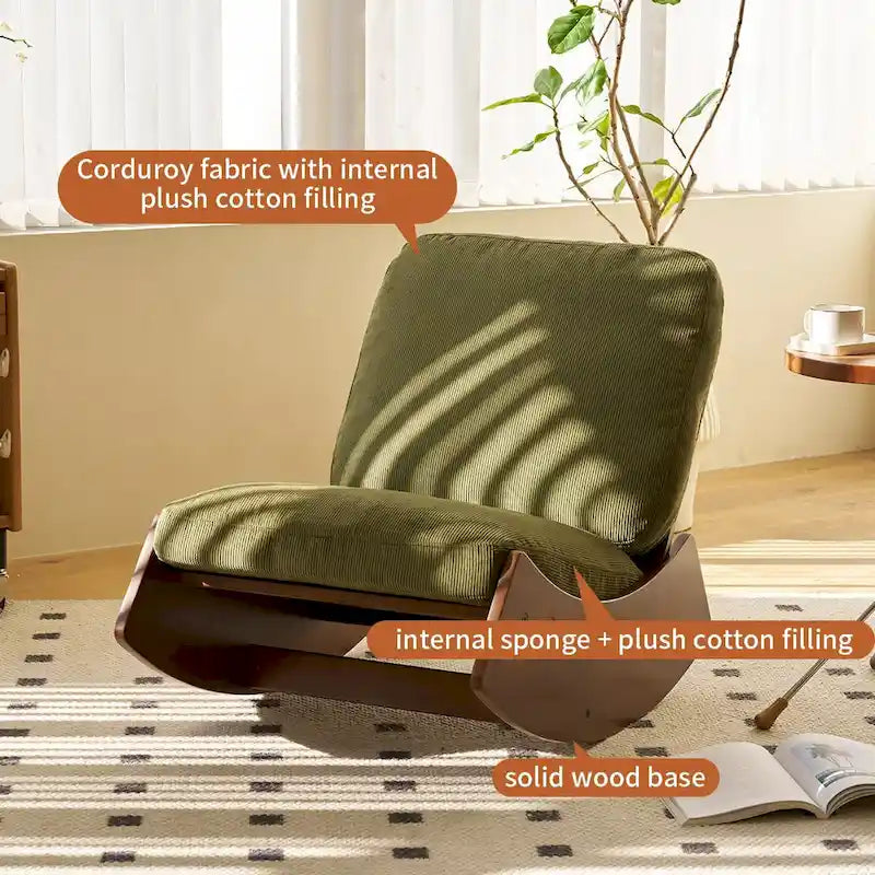 Fauteuil à bascule planeur en velours côtelé rayé rétro avec cadre en bois massif blanc