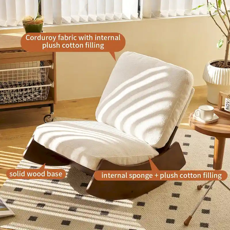 Fauteuil à bascule planeur en velours côtelé rayé rétro avec cadre en bois massif blanc