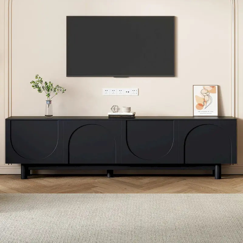 Meuble TV console média avec porte arquée noire, pieds en bois et rangement