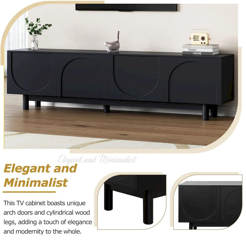 Meuble TV console média avec porte arquée noire, pieds en bois et rangement