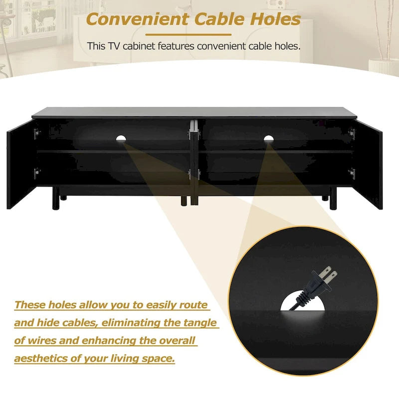 Meuble TV console média avec porte arquée noire, pieds en bois et rangement